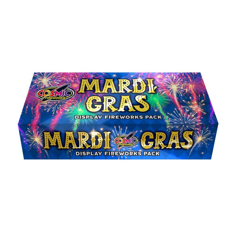 Mardi Gras 25-shot barrage with coloured palms, glitter, and crackling bursts.