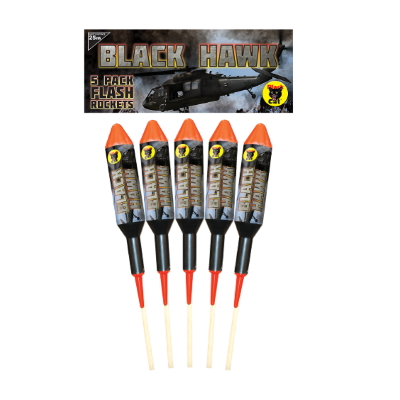 Black Hawk 5-rocket pack, high noise with diverse colour and crackling bursts.