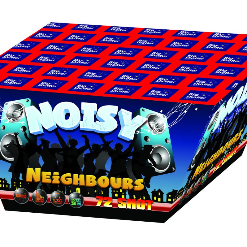 Noisy Neighbours 72-shot barrage with colourful stars, crackling, and brocade crowns.
