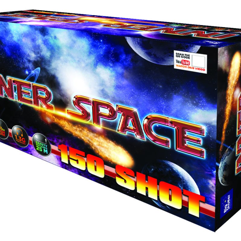 Inner Space 150-shot compound cake with palms, brocade, crackling, strobe effects, comets.