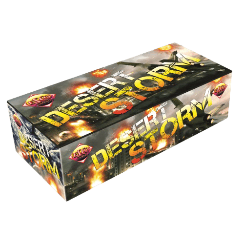 Desert Storm Crate, 58 diverse fireworks for an 8-minute, explosive display.