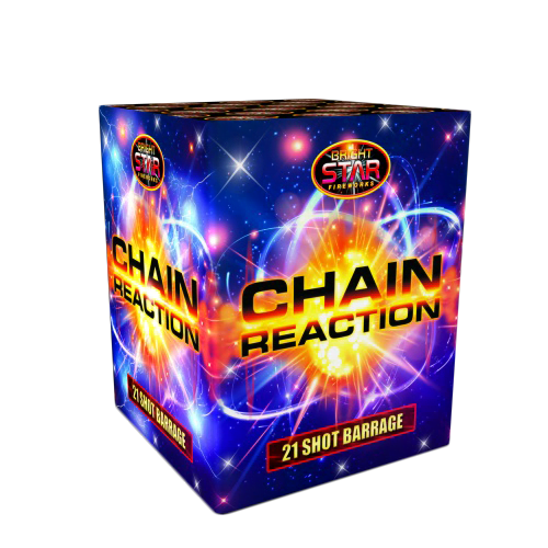 Chain Reaction 21-shot barrage with gold tails, glitter, and colourful stars.