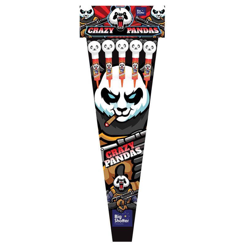 Crazy Pandas 5-rocket pack with red, green palm, brocade, silver strobe, crackle.