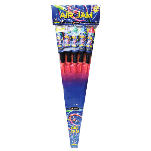 Air Jam rocket pack with 5 high-noise rockets, diverse colour, and crackling effects.