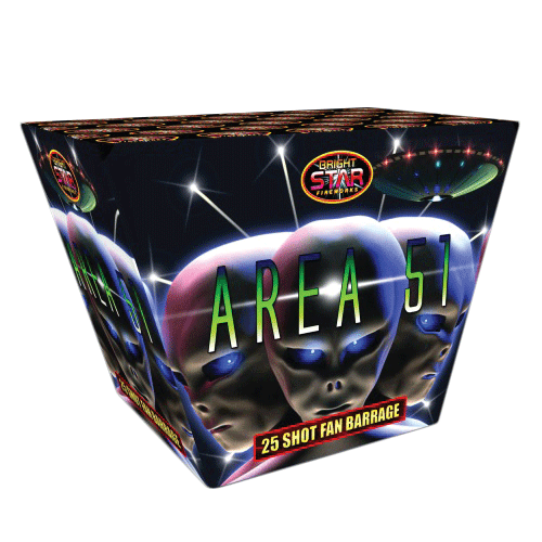 Area 51 25-shot fan barrage with titanium gold palms and coloured star bouquets.