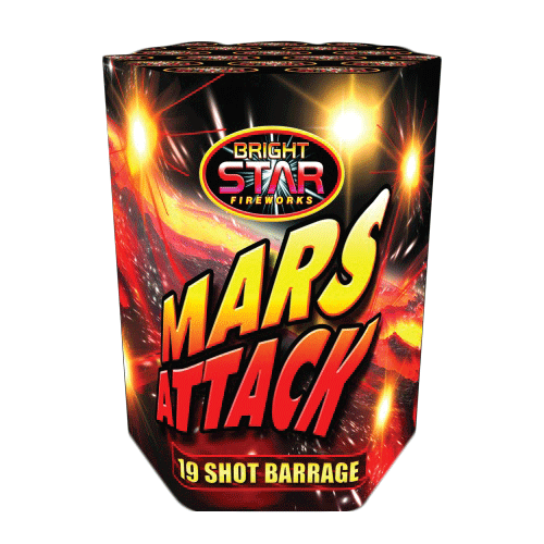 Mars Attack firework with diverse effects, crackling stars, and loud bursts