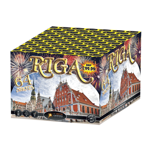 Riga 64-shot barrage with crossettes, golden spiders, and crackling effects.
