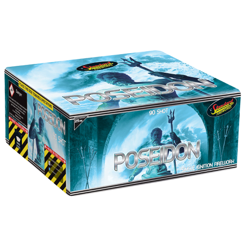 Poseidon 90-shot barrage with coloured waves, glitter, crackling comets, brocade finale.