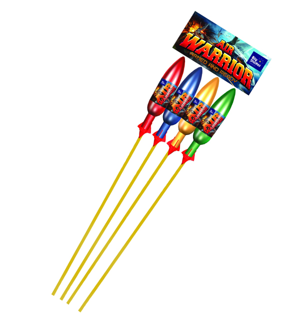 Air Warrior rocket pack with 4 rockets, gold willow, red coco, blue peony.