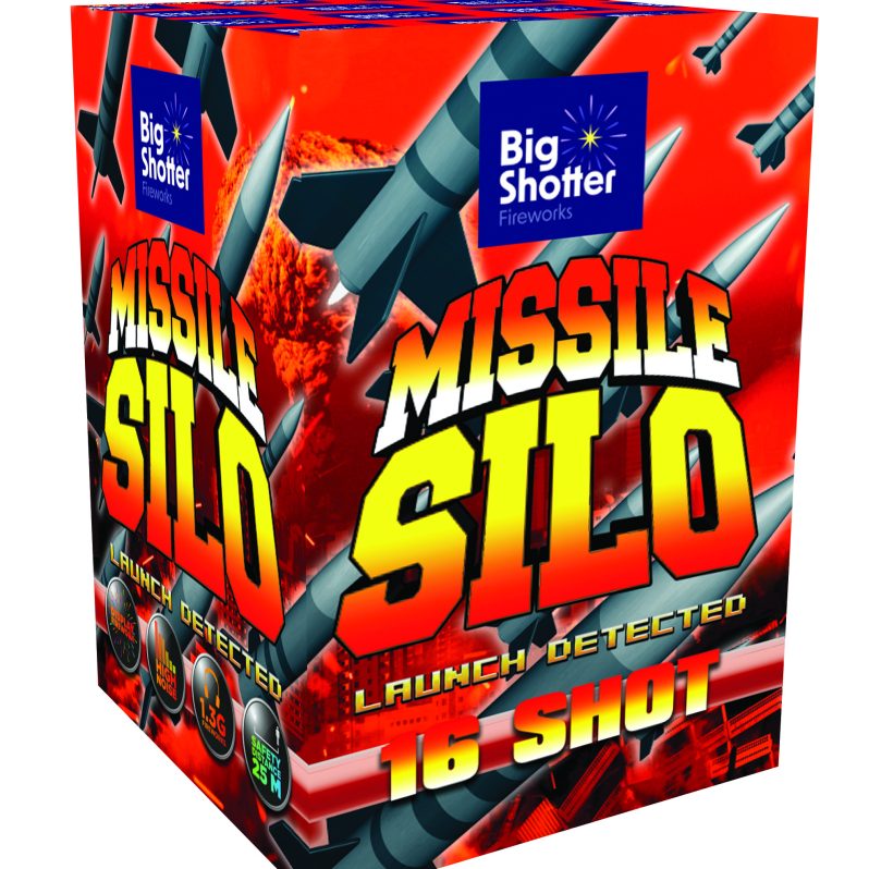 MisslieMissile Silo 16-shot barrage with brocade crown, blue, purple, red, gold bursts.