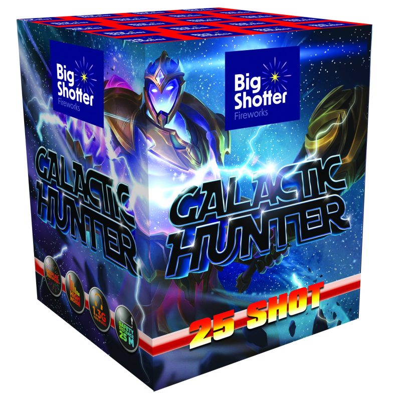 Galactic Hunter 25-shot barrage with golden chrysanthemum, red, green, yellow, purple coco.
