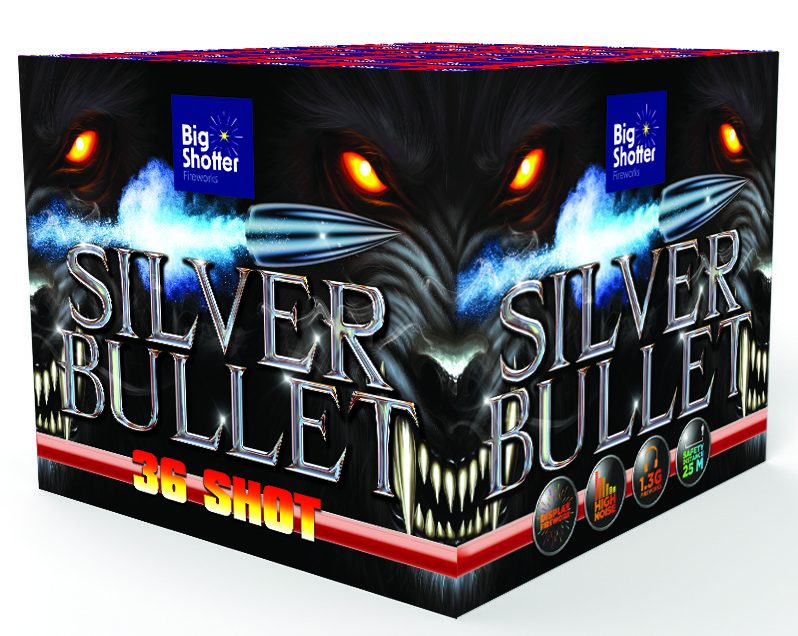Silver Bullet 36-shot barrage with golden coco and gold chrysanthemum bursts.