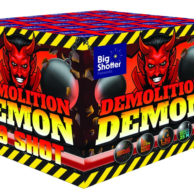 Demolition Demon 49-shot barrage with coco, star, strobe, willow, and crackle.