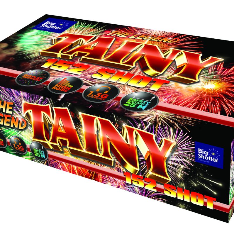 The Legend Tainy 152-shot compound cake with blue, purple, red stars, brocade, glitter.