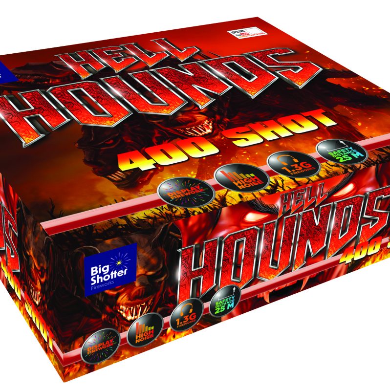 Hell Hounds 400-shot compound cake with brocade, blue, gold, green stars, crackling.
