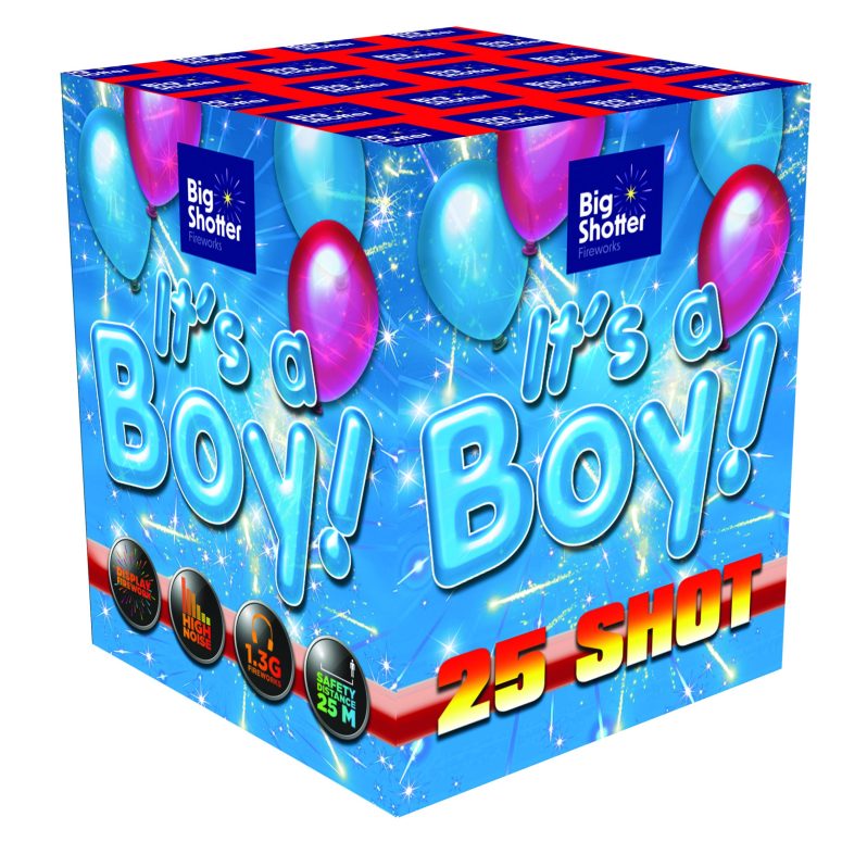 It's A Boy! gender reveal 25-shot barrage with blue mine and peony effects.