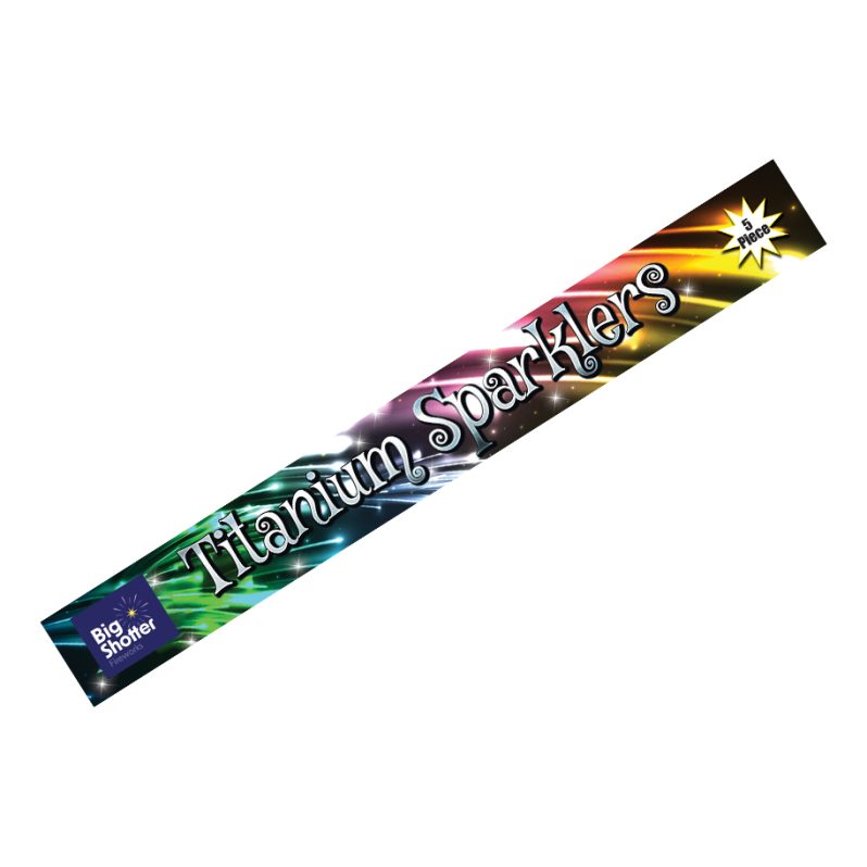 Titanium Sparklers, 5 pieces per pack, producing silver sparkles for 80 seconds.