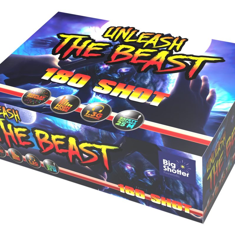 Unleash The Beast 180-shot compound cake with red coco, brocade, crackling, strobes.