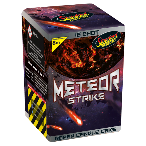Meteor Strike 16-shot Roman candle cake with multi-coloured glitter and starbursts.
