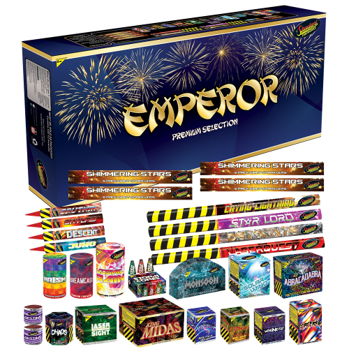 Emperor Premium Selection Box with 30 fireworks, fountains, cakes, and sparklers.