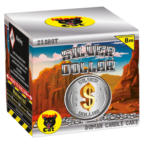 Silver Dollar 25-shot Roman candle cake with red and blue glittering stars.