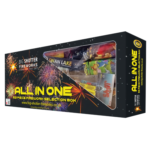 All In One Selection Box with 53 fireworks, fountains, cakes, rockets, sparklers.