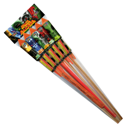 "Space Raiders rocket pack with 5 rockets, stunning effects, and medium noise. "