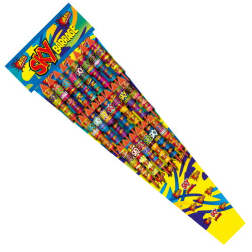 Sky Barrage rocket pack with 21 medium-noise rockets, assorted colors and effects.