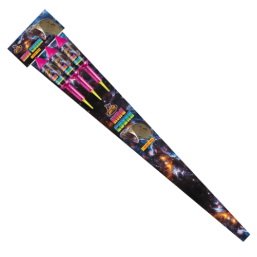 "King Cobra rocket pack with 3 high-noise rockets, producing colorful, crackling bursts. "