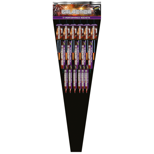 Galactica 17-rocket pack creating loud, high-flying palms, crackles, and starbursts.