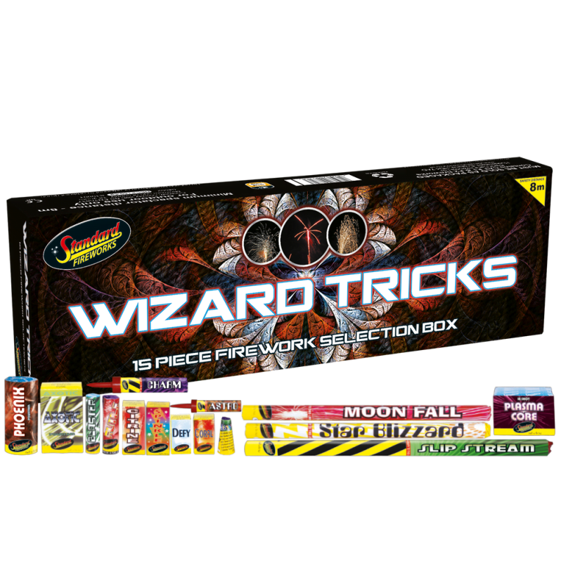 Wizard Tricks selection box with fountains, roman candles, and small cakes.