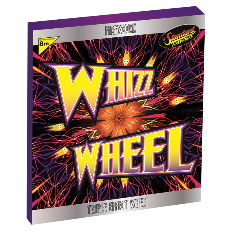 "Whizz Wheel spinning firework with vibrant red, green, and gold effects. "