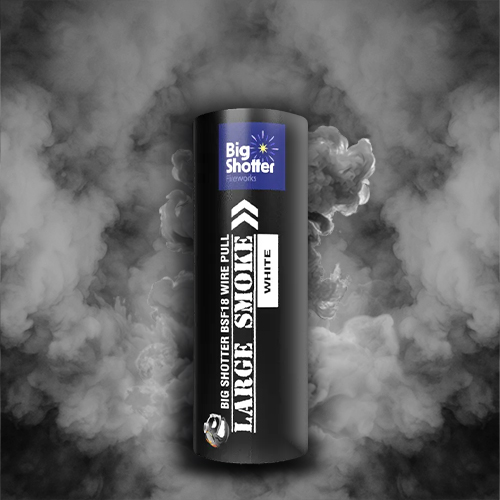 "Large white smoke bomb (BSF18) with ring pull for dense, vibrant smoke. "