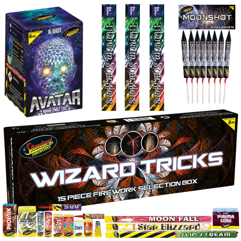"Mega Deal 2025 fireworks pack (4 items) with selection box, cake, rockets, sparklers. "
