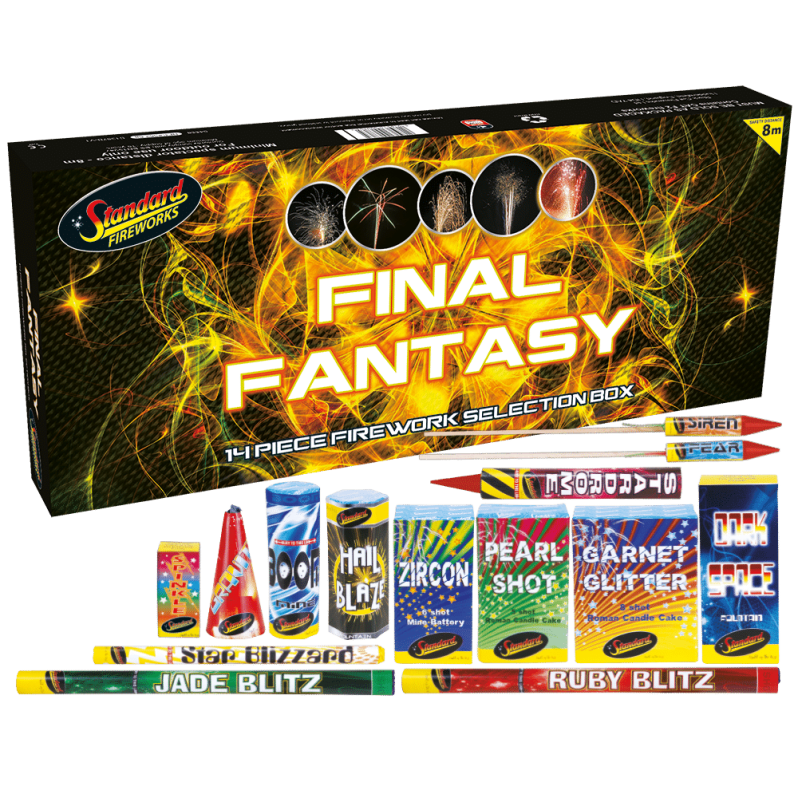 Final Fantasy selection box with 4 fountains, 3 roman candles, 1 shot tube, 3 cakes, 2 rockets.
