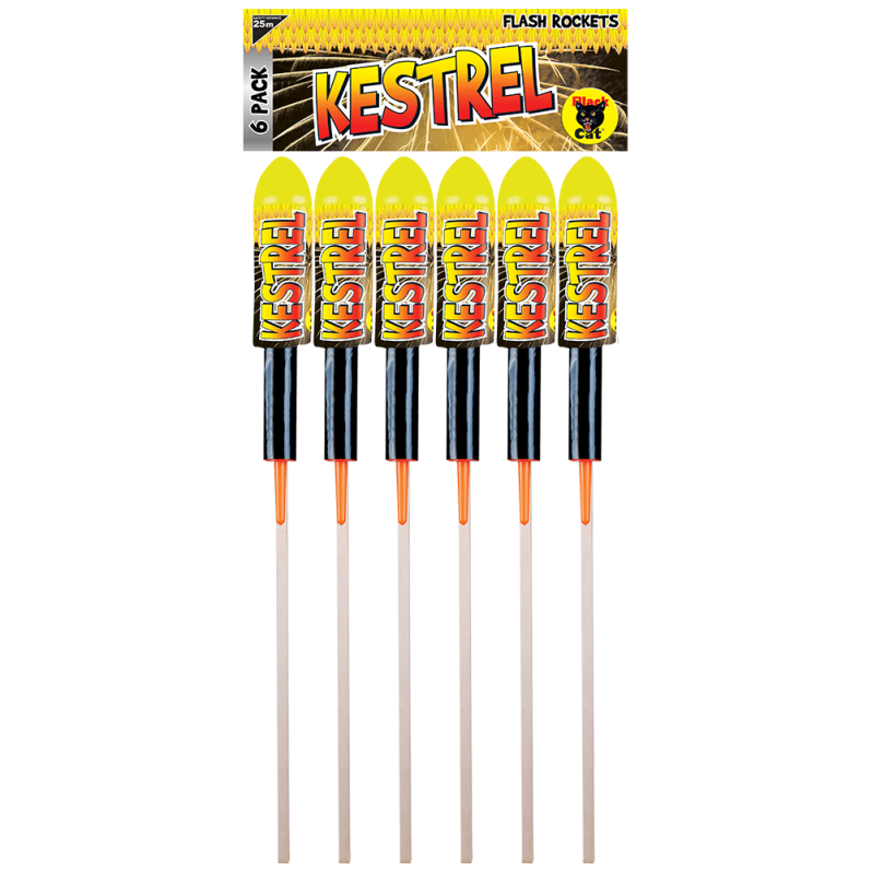Kestrel Flash 6-pack rockets with loud bangs and multi-effect starbursts.