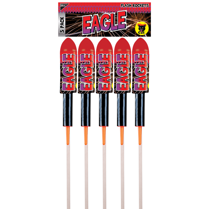 Eagle Flash 6-pack rockets with loud bangs and multi-effect starbursts.