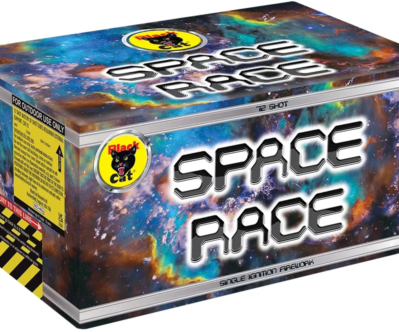 Space Race 72-shot compound cake with colorful starbursts and gold brocade finale.