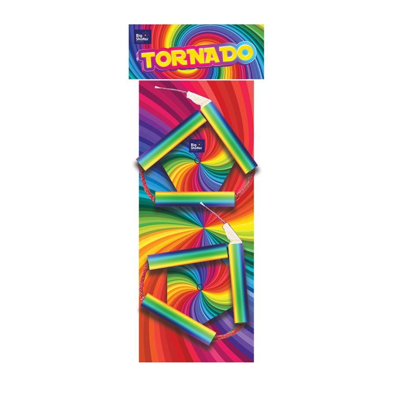 "Tornado Wheels spinning fireworks (pack of 2) with red, green, and yellow effects. "