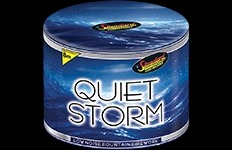 Quiet Storm low-noise fountain with colorful green glitter, red stars, and white chrysanthemums.