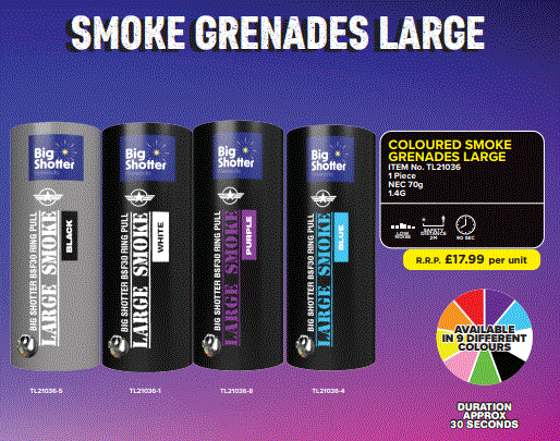 A bulk pack of 50 large BSF18 ring-pull smoke grenades in various colors