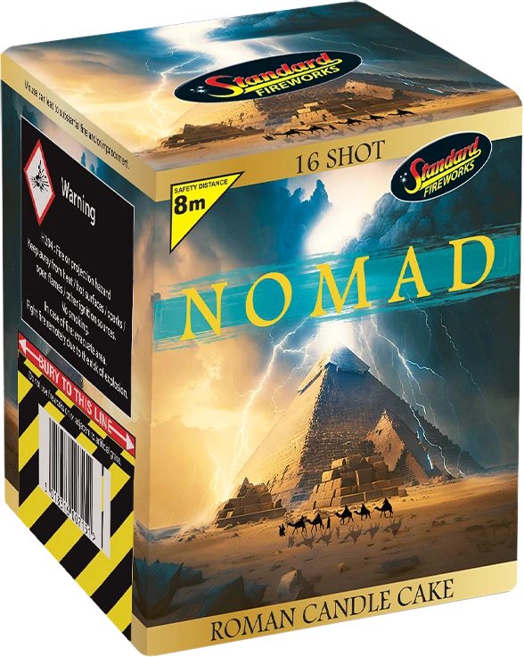 Nomad 138-shot barrage with fanned gold willow, blue, red, and green strobe effects.