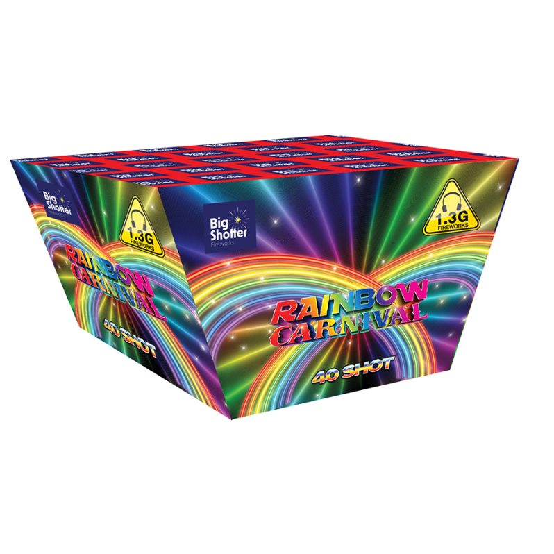 Rainbow Carnival 40-shot smoke barrage releasing multiple vibrant colors with a crackling finish.