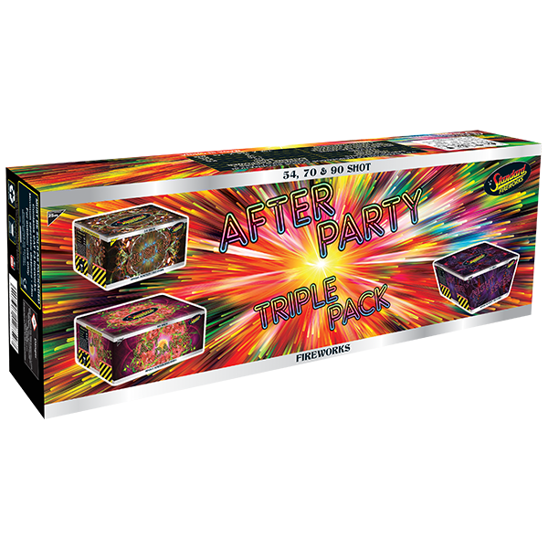 A triple pack of 16-shot single ignition barrages with varied colorful aerial effects.