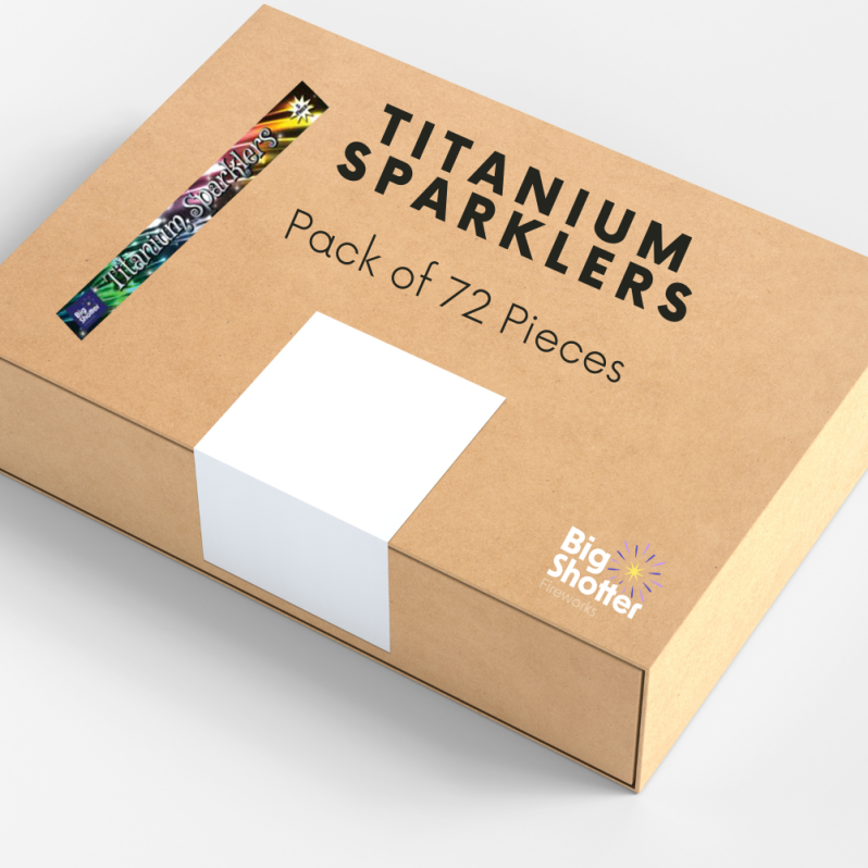 A box containing 72 packs of 16-inch titanium sparklers that create silver sparkles.