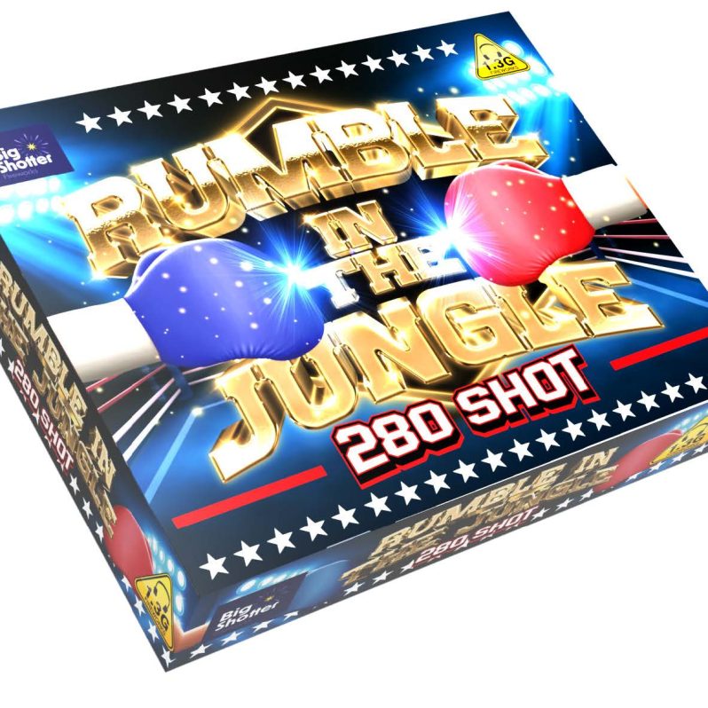 Rumble in the Jungle 280-shot compound cake with mixed firing patterns and effects.