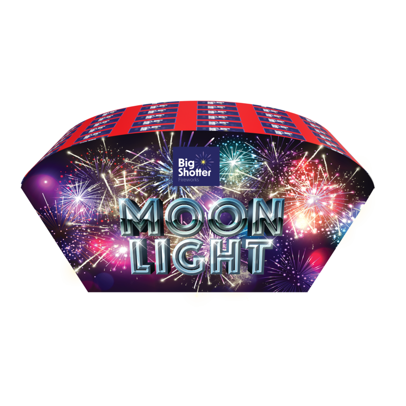 Moon Light 8-shot fan fountain creating wide, quiet plumes of silver and crackling sparks.