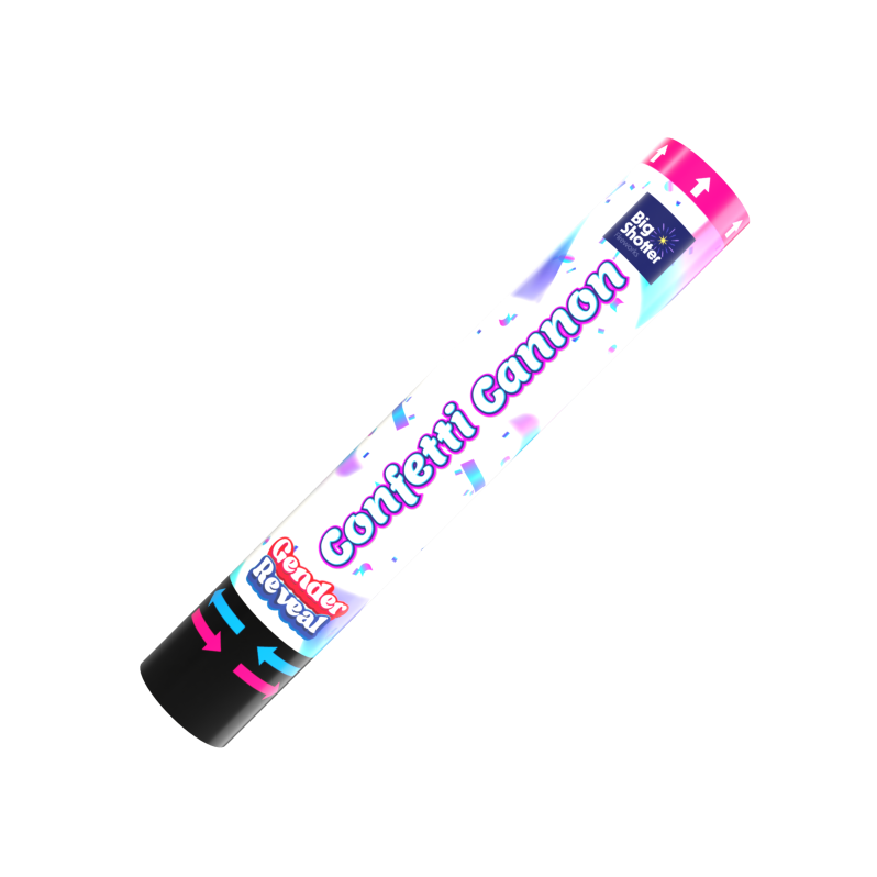 Compact 30cm handheld gender reveal cannon that ejects a cloud of blue confetti.