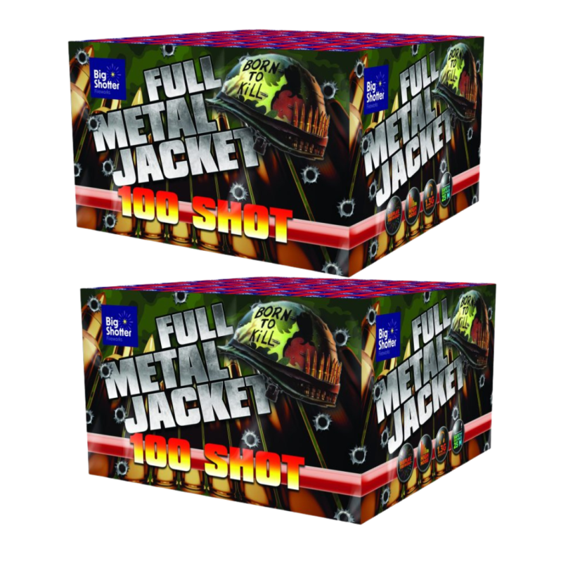 Full Metal Jacket 100-shot single ignition barrage with gold willow and silver strobes.