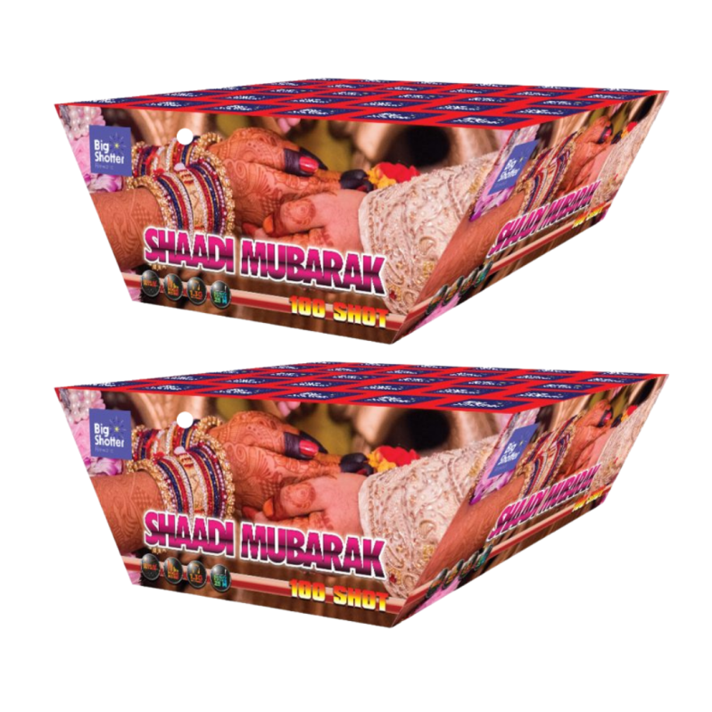 Shaadi Mubarak 100-shot single ignition barrage with red, green, and blue star effects.